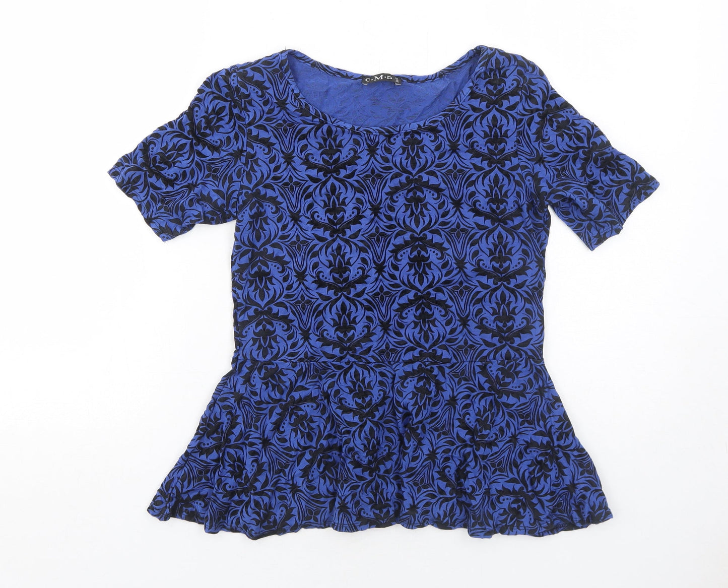 CMD Womens Blue Geometric Viscose Basic T-Shirt Size 10 Round Neck