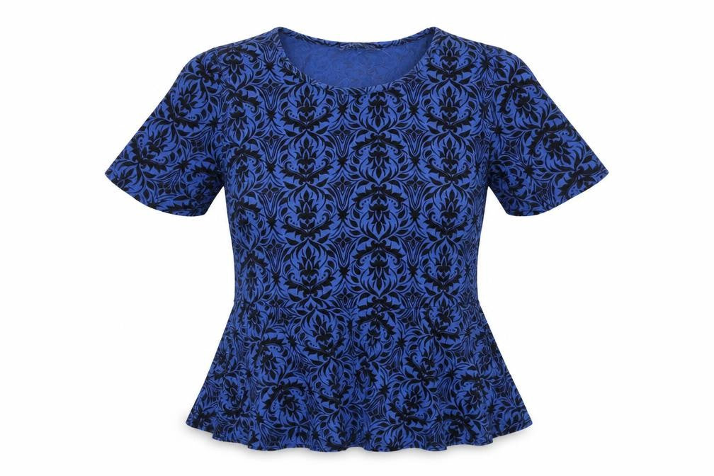 CMD Womens Blue Geometric Viscose Basic T-Shirt Size 10 Round Neck