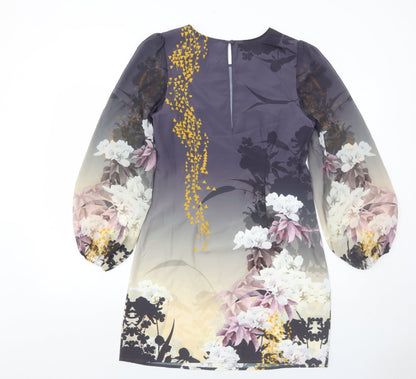 Back view of Miss Selfridge women’s grey floral polyester shift, size UK 10, boat neck button
