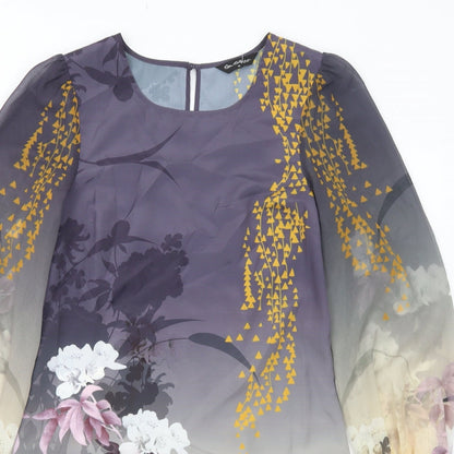 Close-up detail of Miss Selfridge women’s grey floral polyester shift, size UK 10, boat neck button