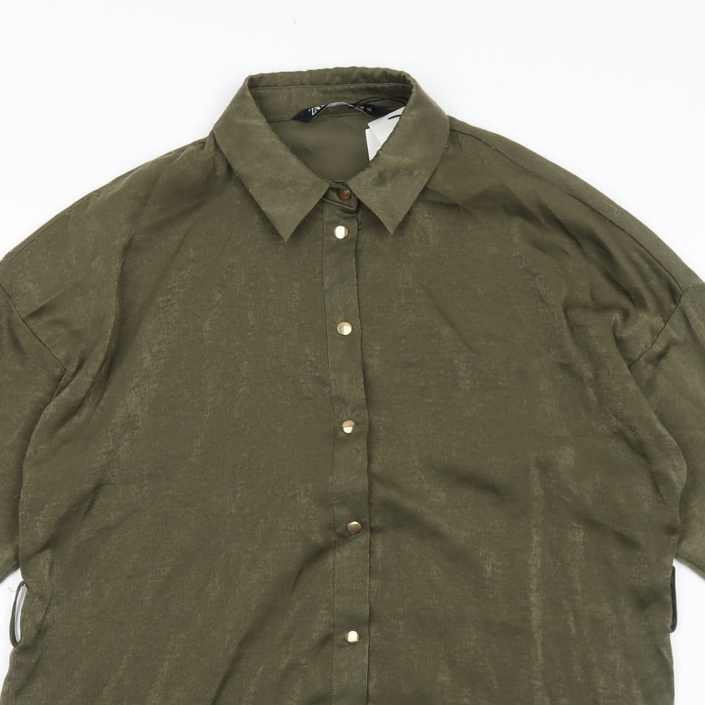 Zara Womens Green Polyester Shirt Dress Size S Collared Button