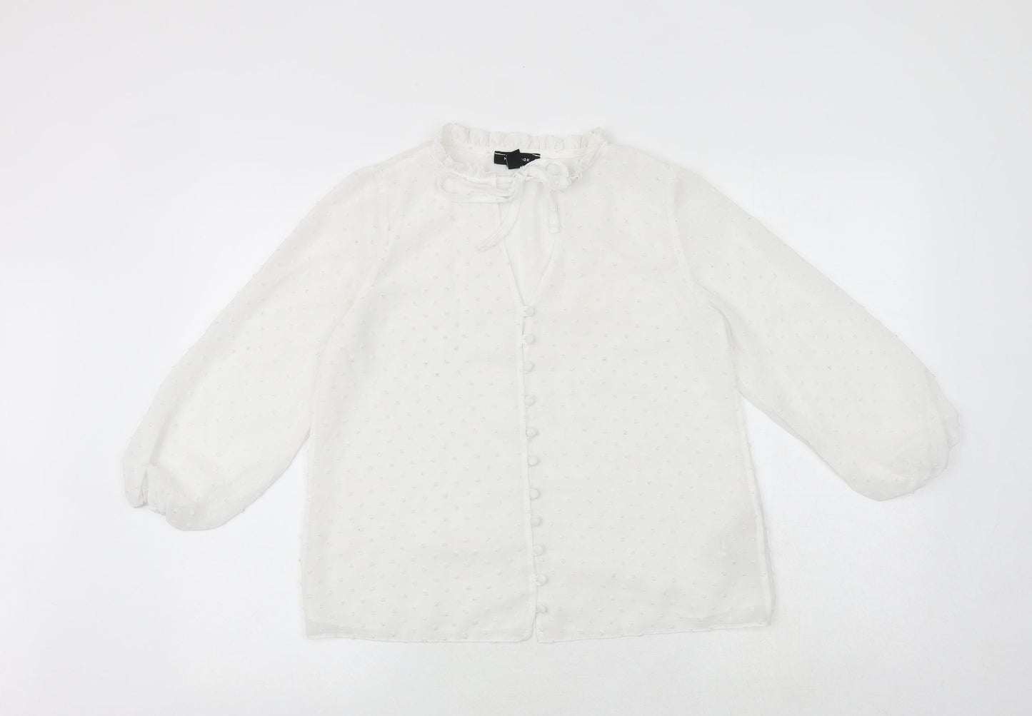 New Look Womens White Polka Dot Polyester Basic Button-Up Size 6 Round Neck