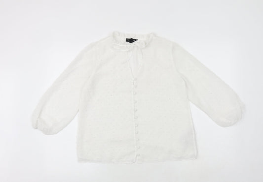New Look Womens White Polka Dot Polyester Basic Button-Up Size 6 Round Neck