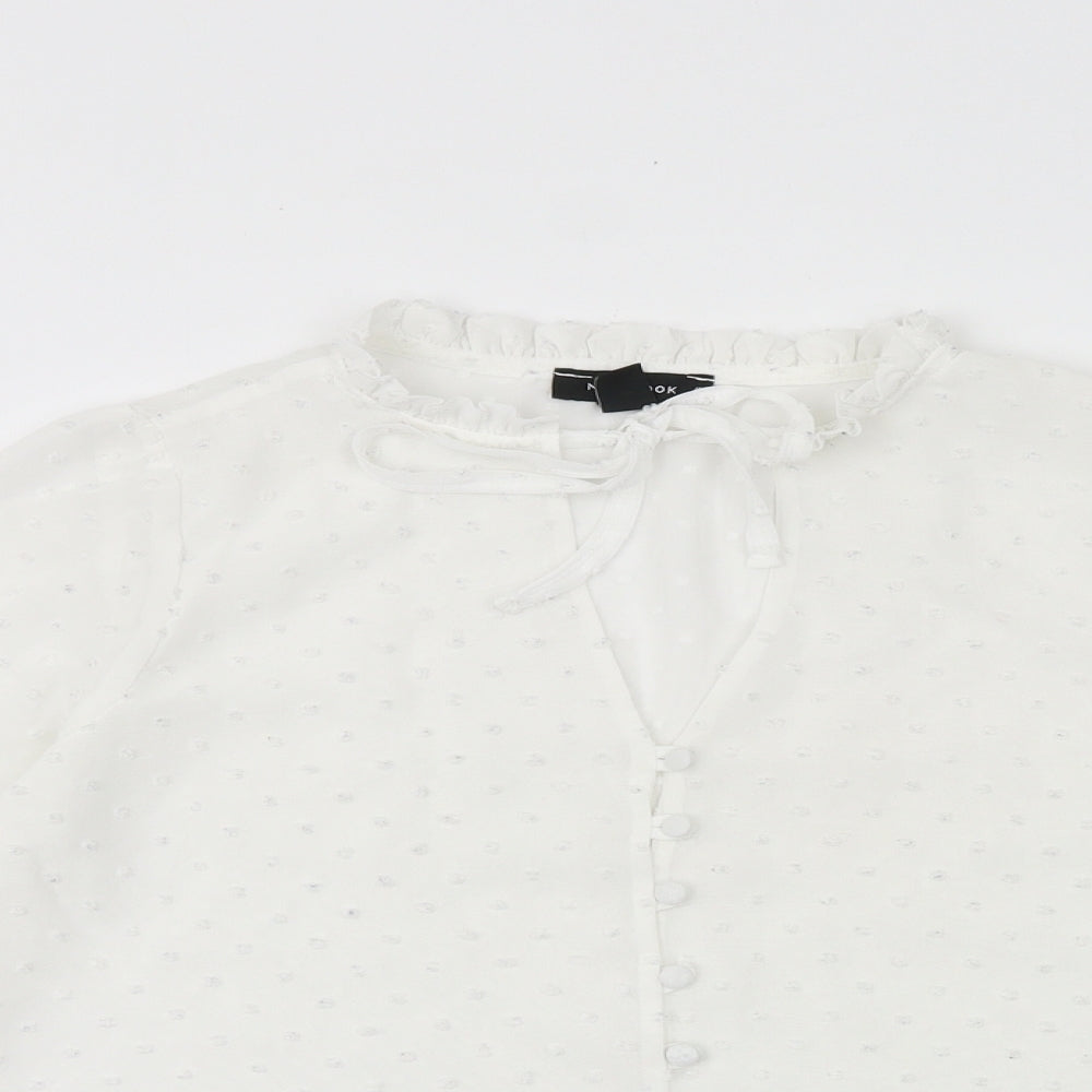 New Look Womens White Polka Dot Polyester Basic Button-Up Size 6 Round Neck