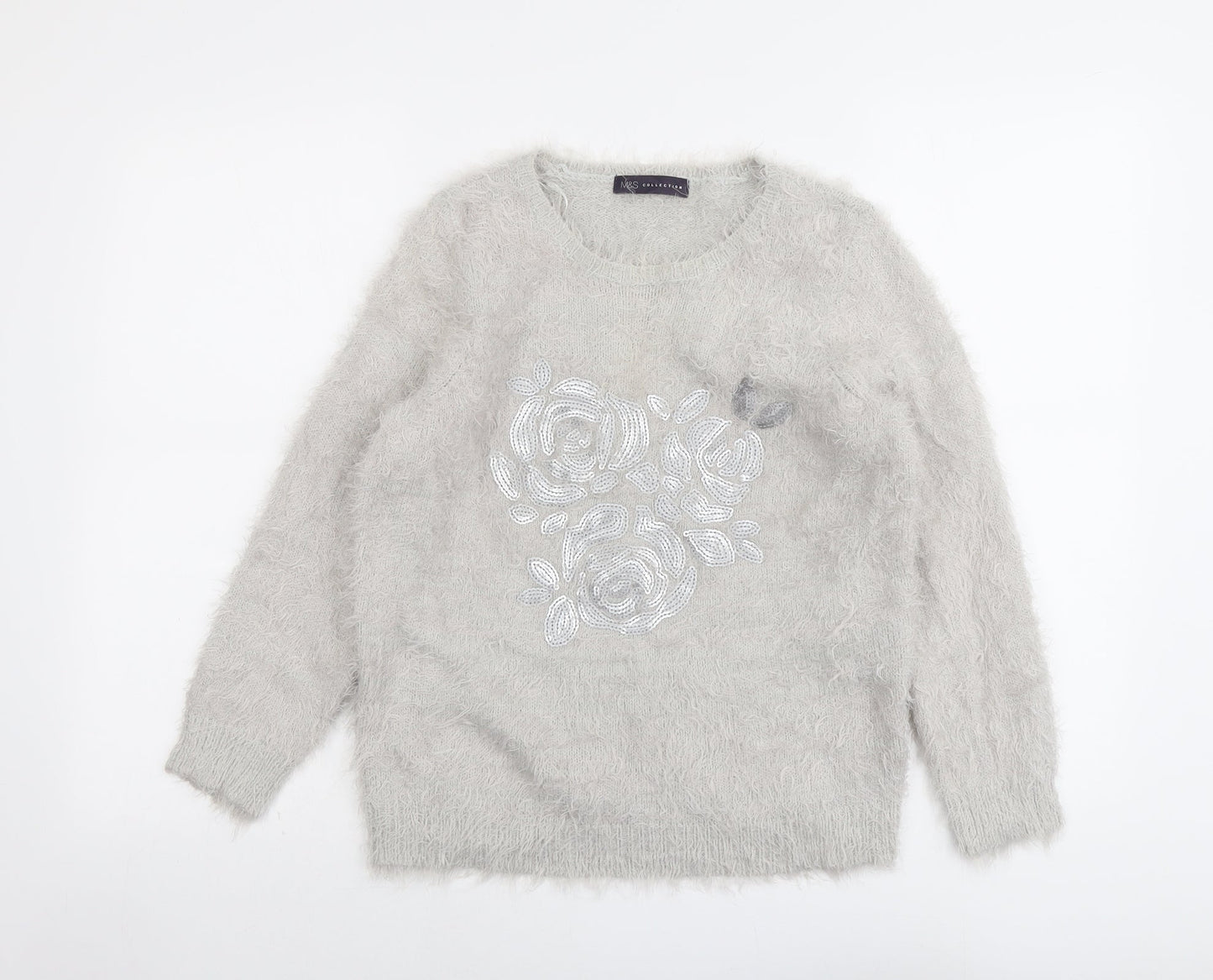 Marks and Spencer Womens Grey Round Neck Polyamide Pullover Jumper Size 10 - Flower