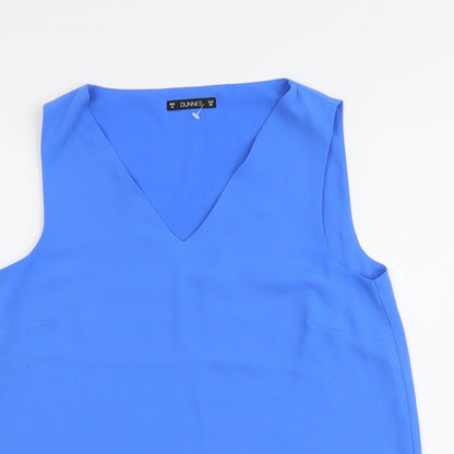 Close-up detail of Dunnes women’s blue polyester basic tank, size UK 10, v-neck