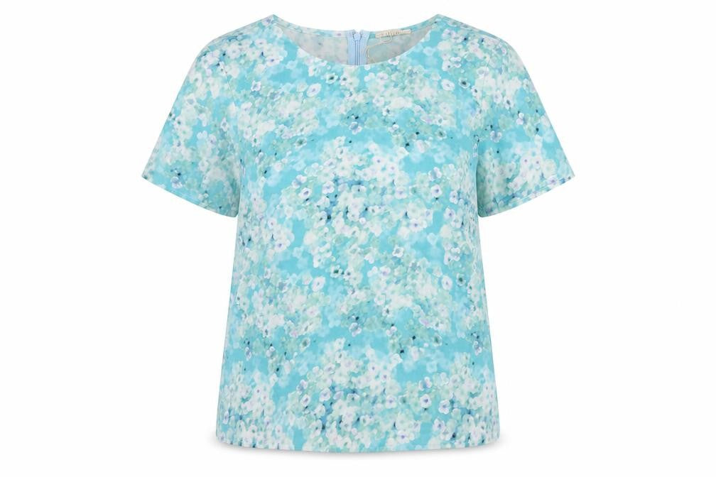 Poppy Lux Womens Blue Geometric Polyester Basic T-Shirt Size 12 Round Neck