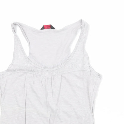 Close-up detail of Miss Selfridge women’s grey 100% cotton basic tank, size UK 12, round neck