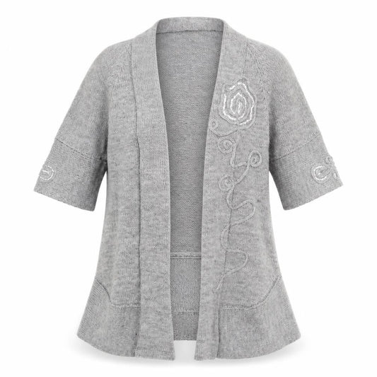 Front view of Roman women’s grey v-neck wool cardigan jumper, size UK 10