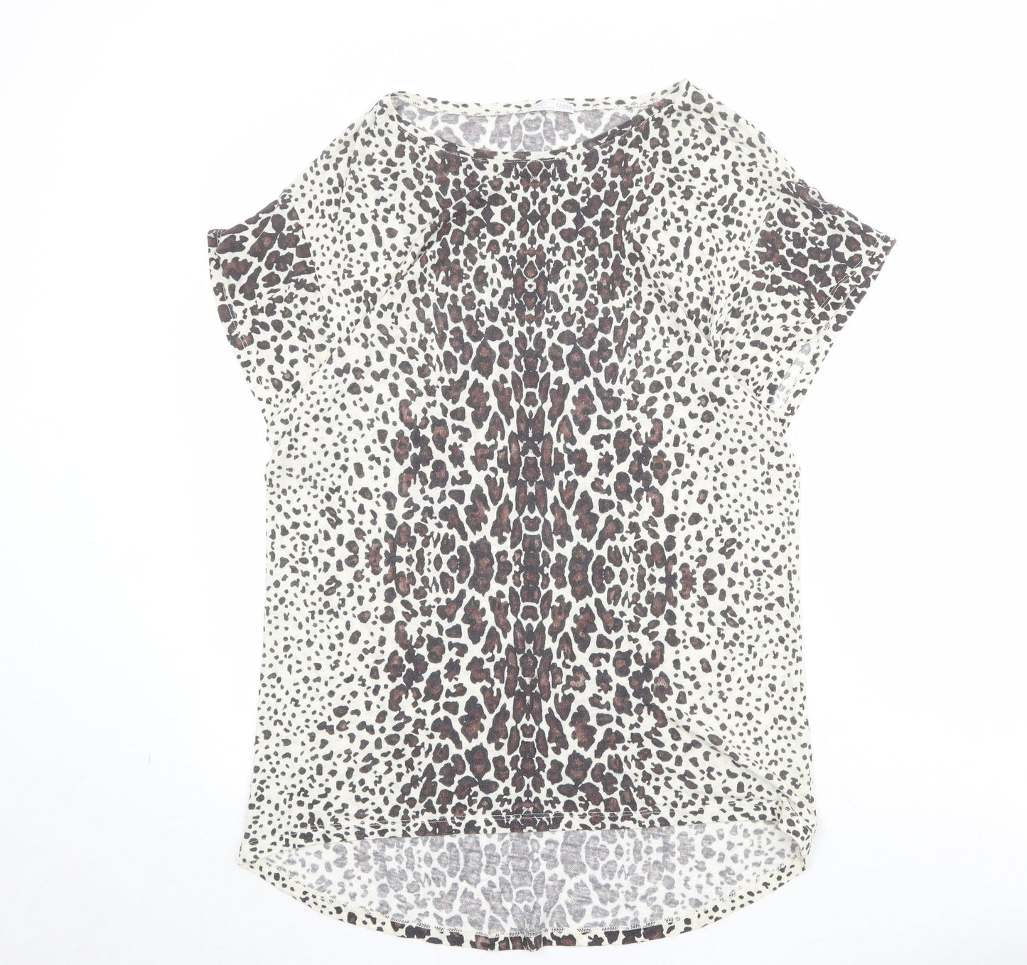Zara Womens Beige Animal Print Polyester Basic T-Shirt Size M Round Neck - Leopard Pattern