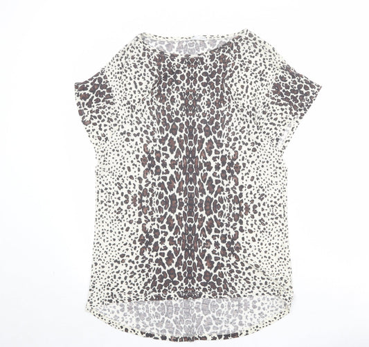 Zara Womens Beige Animal Print Polyester Basic T-Shirt Size M Round Neck - Leopard Pattern