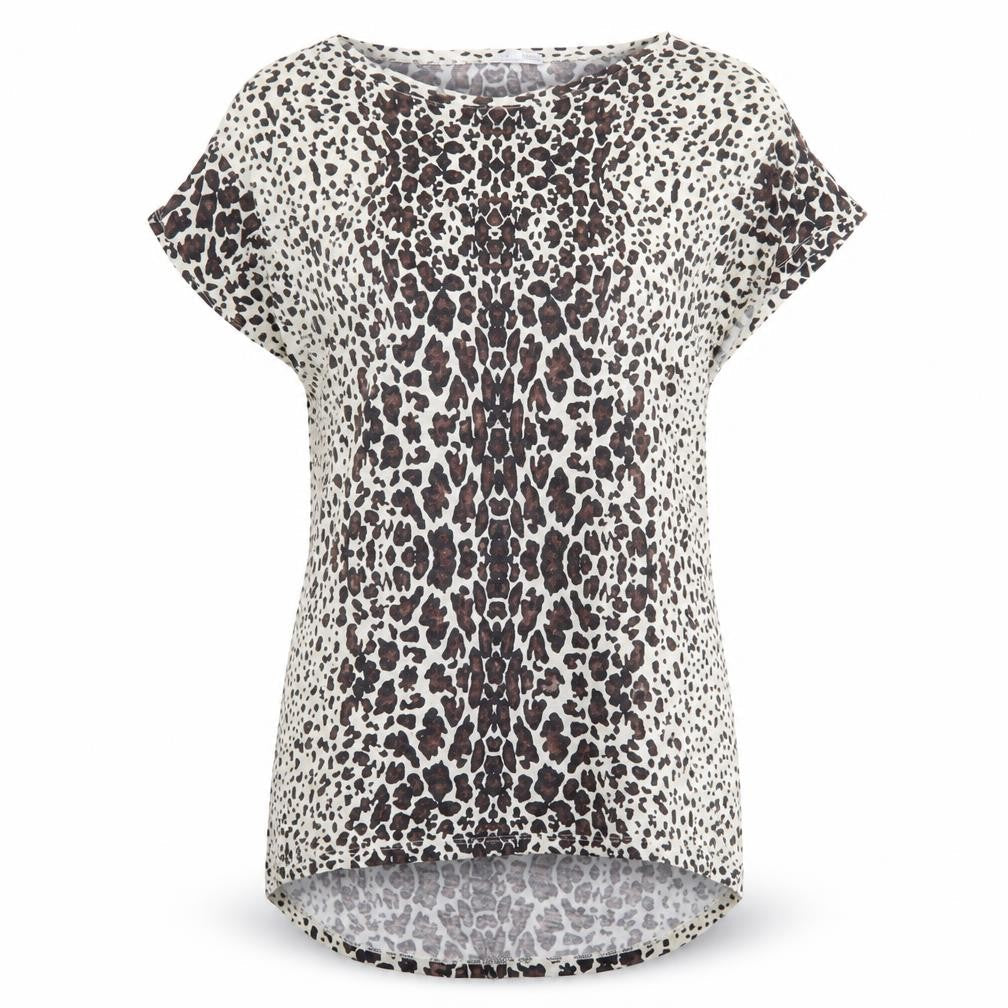Zara Womens Beige Animal Print Polyester Basic T-Shirt Size M Round Neck - Leopard Pattern