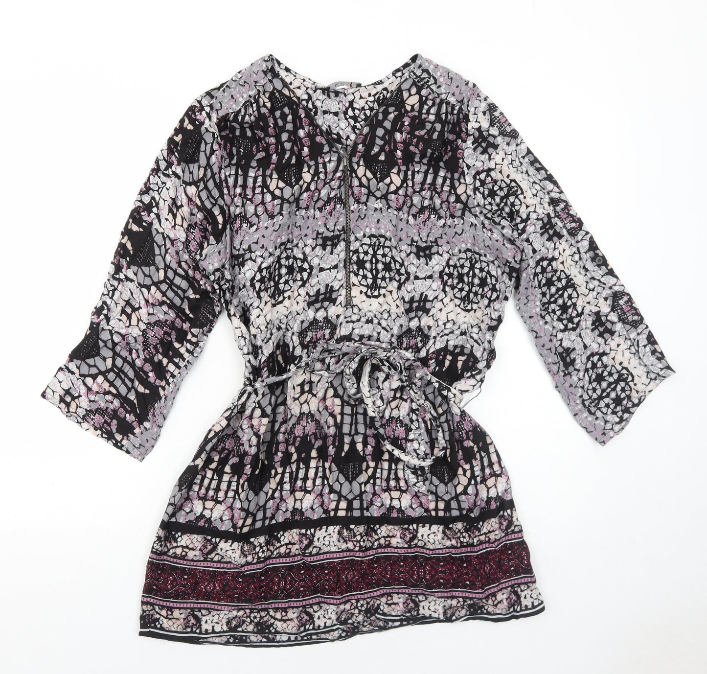 Klass Womens Purple Geometric Viscose Basic Blouse Size 12 V-Neck - Belted