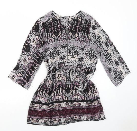 Klass Womens Purple Geometric Viscose Basic Blouse Size 12 V-Neck - Belted