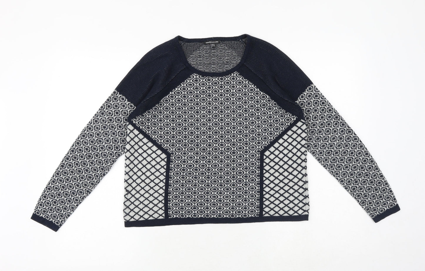 Warehouse Womens Blue Round Neck Geometric Cotton Pullover Jumper Size 10