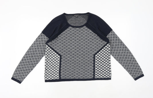 Warehouse Womens Blue Round Neck Geometric Cotton Pullover Jumper Size 10