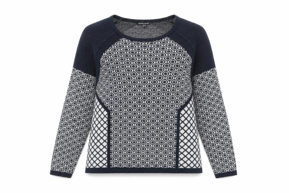 Warehouse Womens Blue Round Neck Geometric Cotton Pullover Jumper Size 10