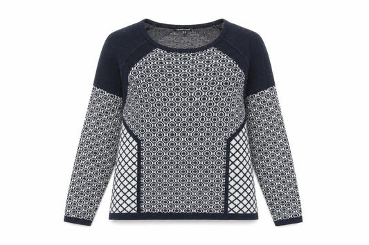Warehouse Womens Blue Round Neck Geometric Cotton Pullover Jumper Size 10