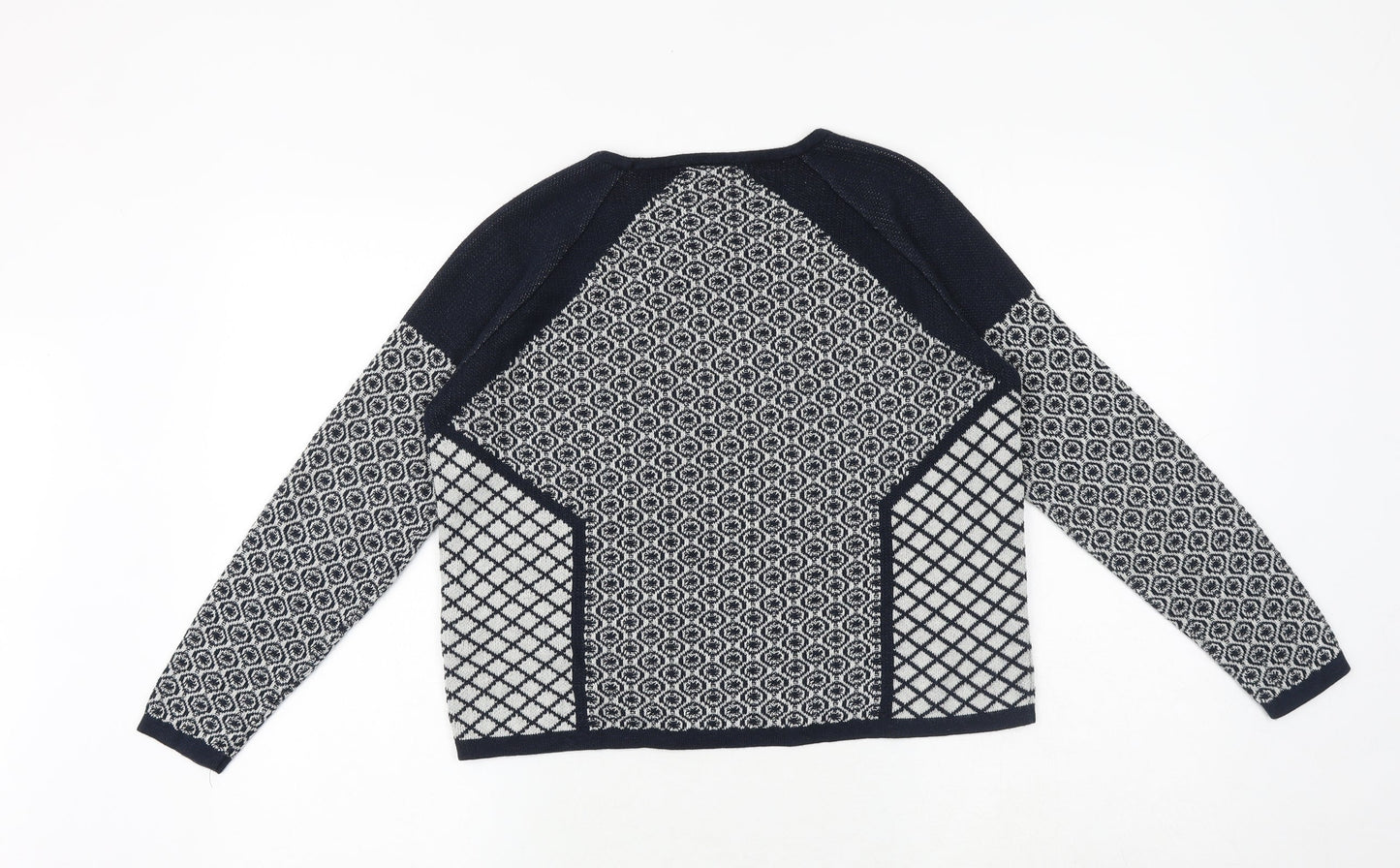 Warehouse Womens Blue Round Neck Geometric Cotton Pullover Jumper Size 10