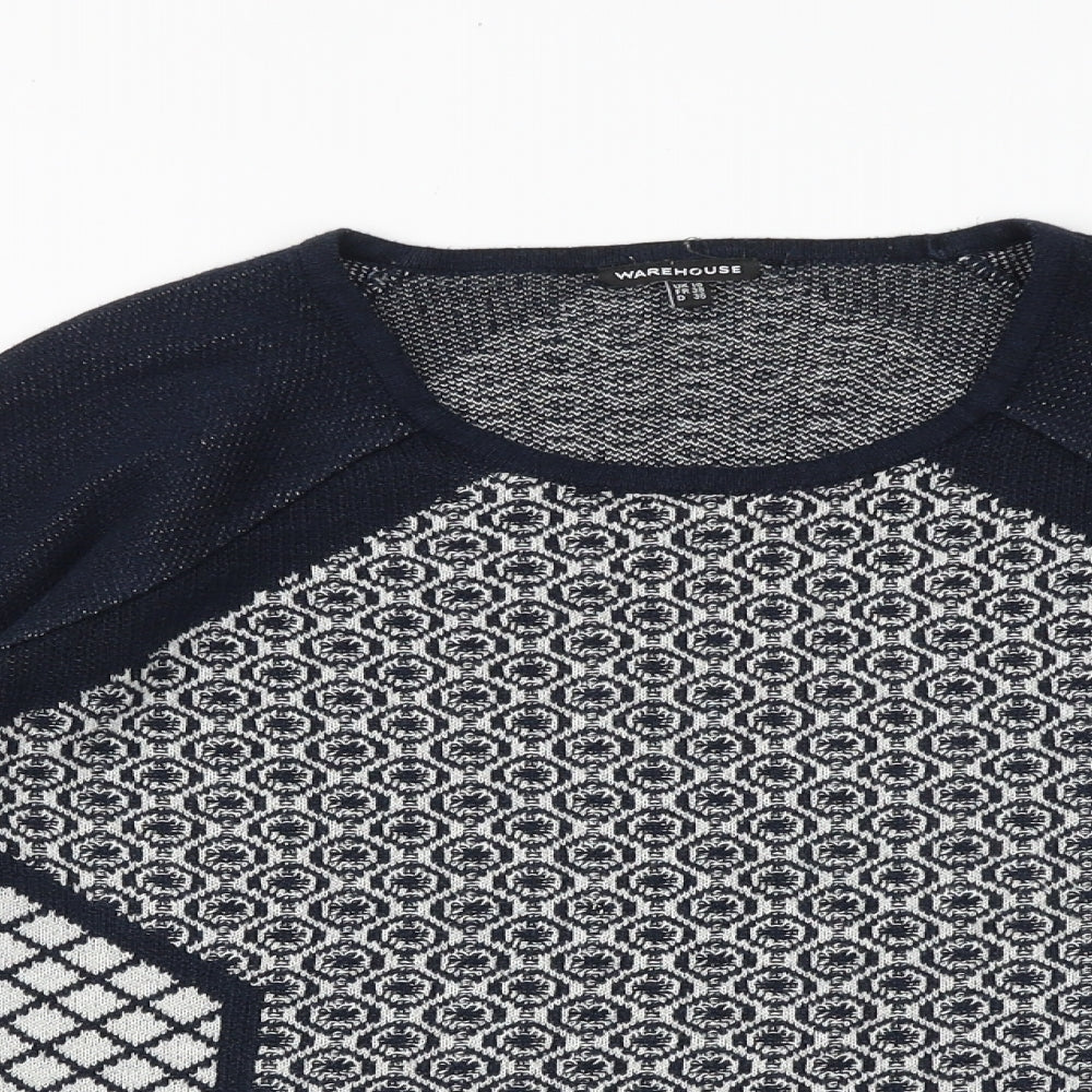 Warehouse Womens Blue Round Neck Geometric Cotton Pullover Jumper Size 10