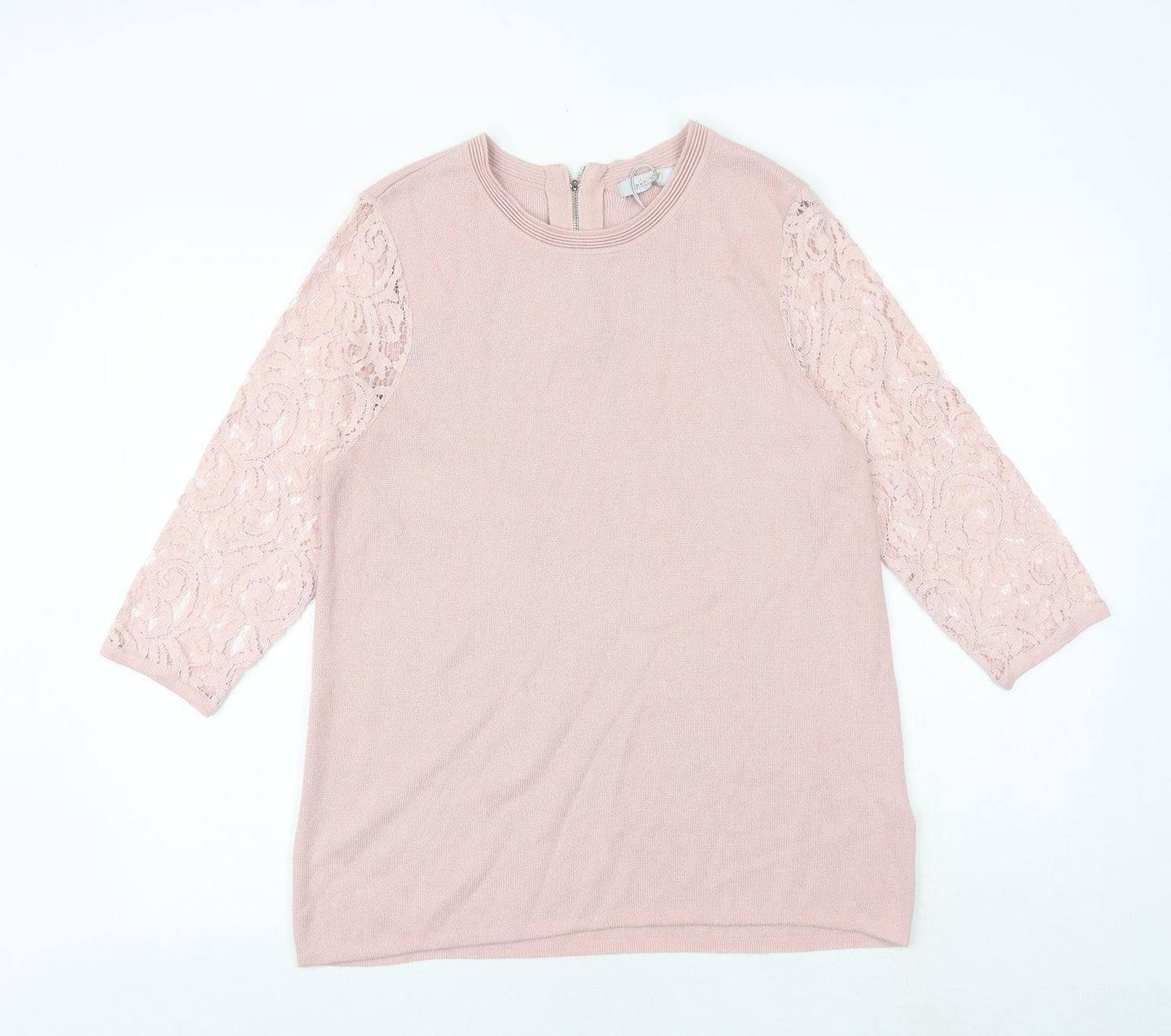 Marks and Spencer Womens Pink Round Neck Viscose Pullover Jumper Size 14 - Lace Sleeve