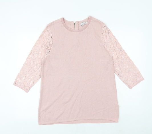 Marks and Spencer Womens Pink Round Neck Viscose Pullover Jumper Size 14 - Lace Sleeve