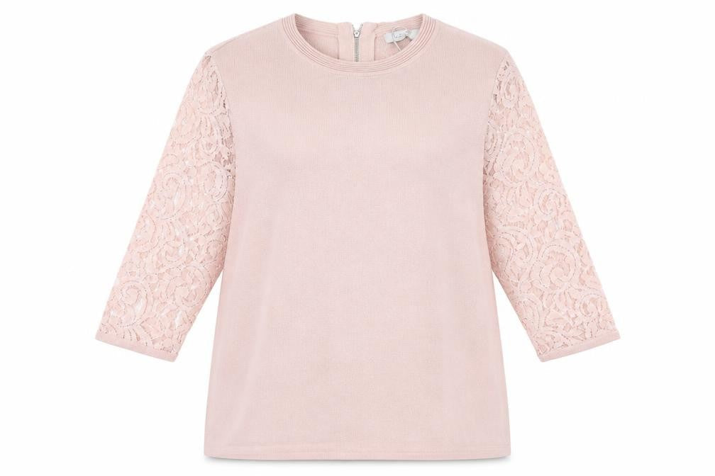 Marks & Spencer Womens Pink Round Neck Viscose Pullover Jumper Size 14 - Lace Sleeve