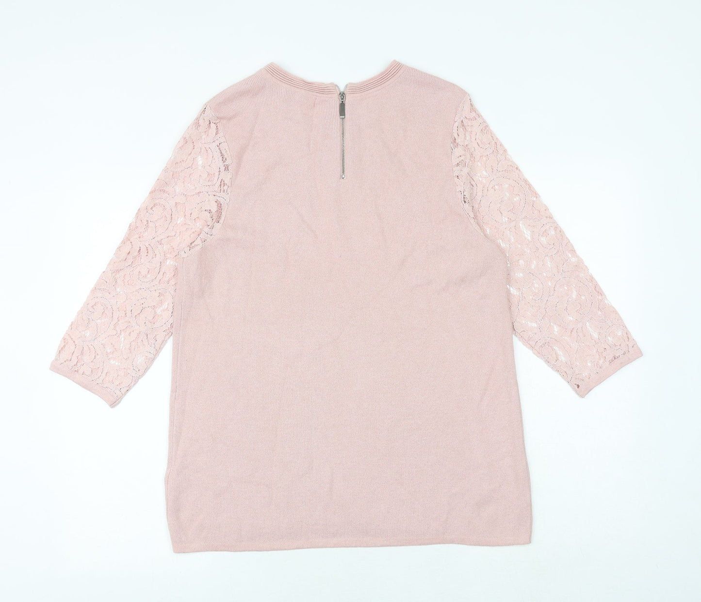 Marks and Spencer Womens Pink Round Neck Viscose Pullover Jumper Size 14 - Lace Sleeve