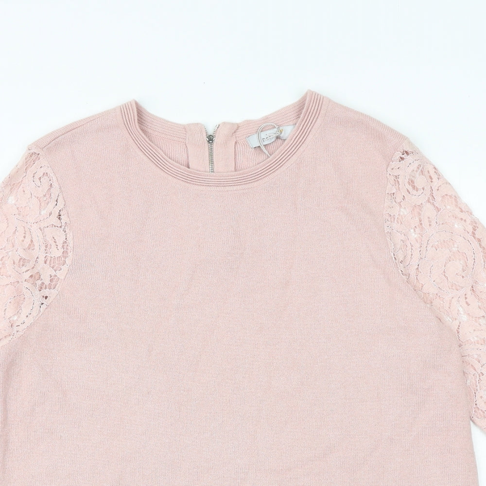 Marks and Spencer Womens Pink Round Neck Viscose Pullover Jumper Size 14 - Lace Sleeve