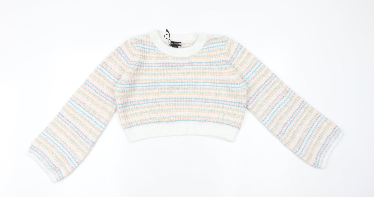 PRETTYLITTLETHING Womens Multicoloured Round Neck Striped Acrylic Pullover Jumper Size M