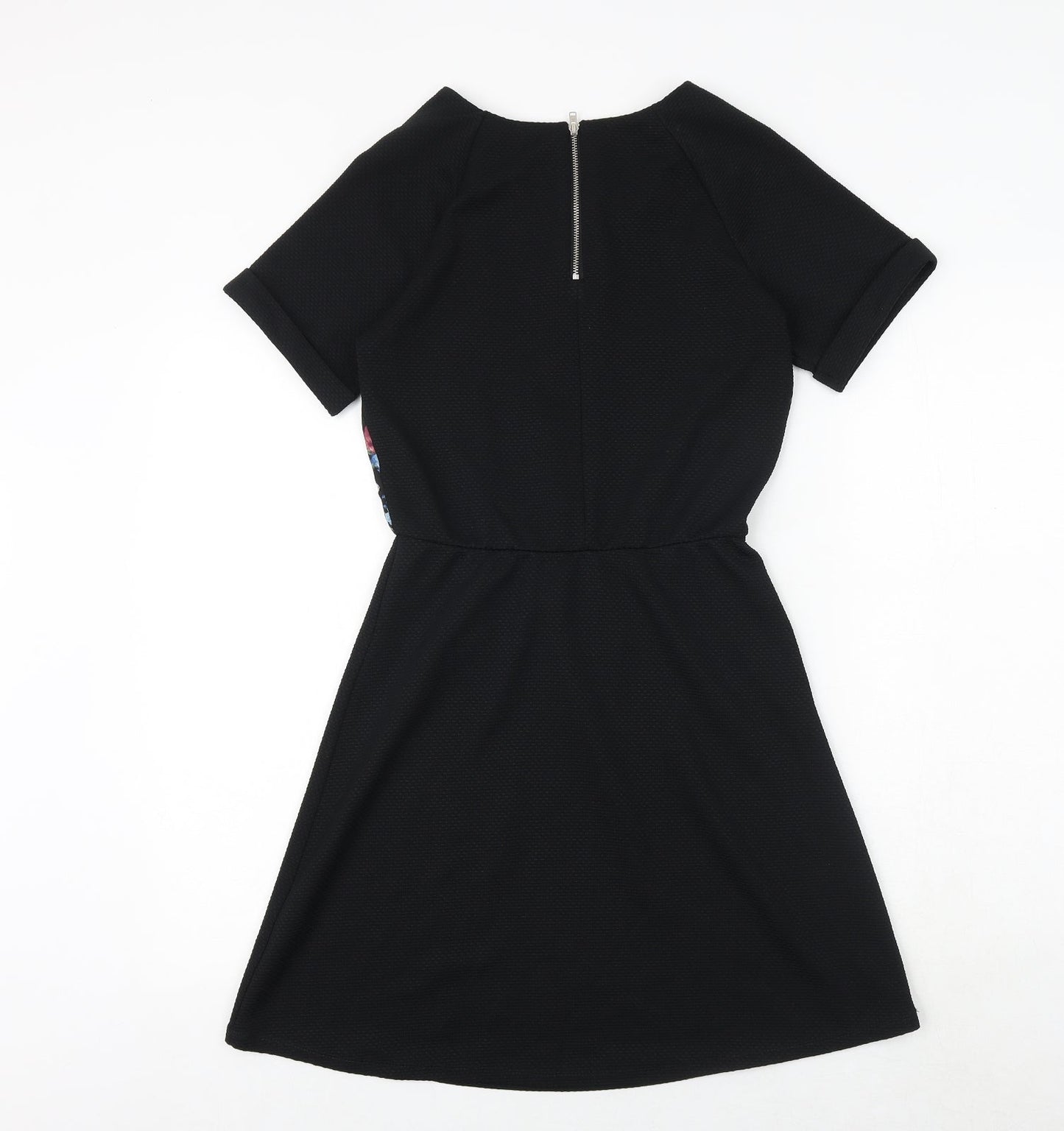 Warehouse Womens Black Floral Polyester Fit & Flare Size 6 Boat Neck Zip