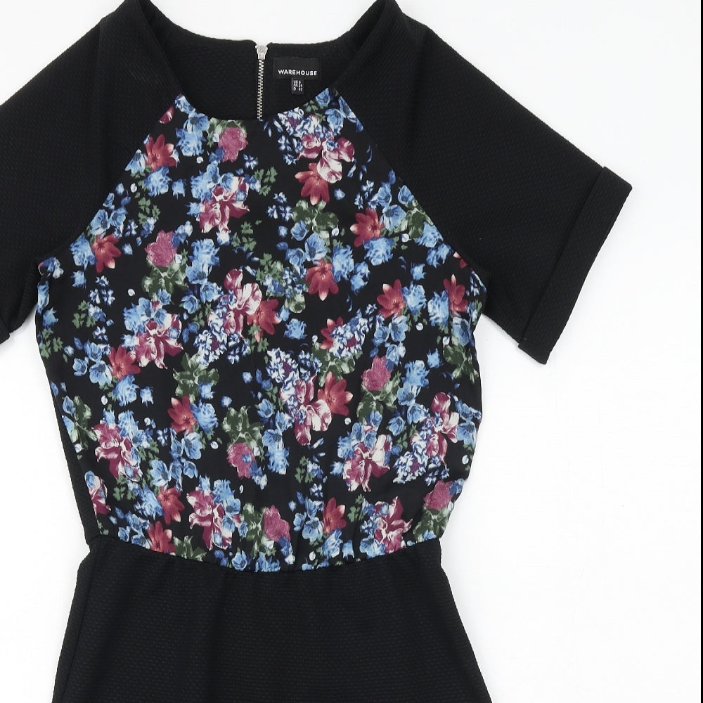 Warehouse Womens Black Floral Polyester Fit & Flare Size 6 Boat Neck Zip