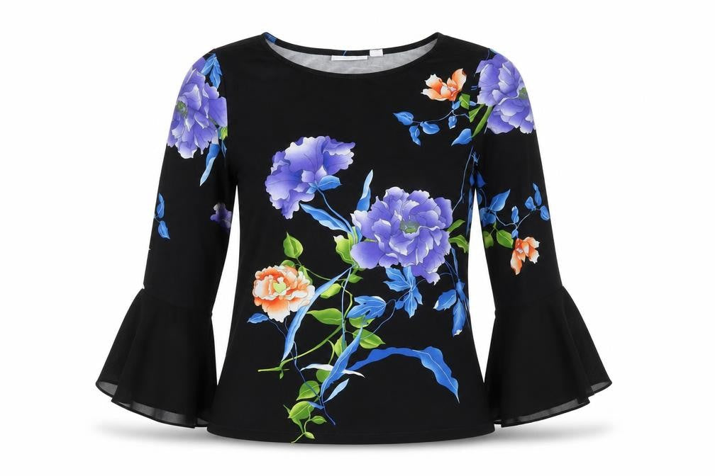 Susan Graver Womens Black Floral Polyester Basic Blouse Size S Round Neck