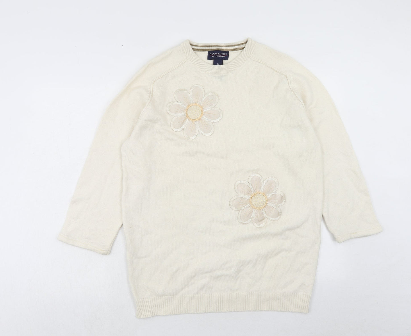 Roundtree & Yorke Womens Ivory Round Neck Wool Pullover Jumper Size XL