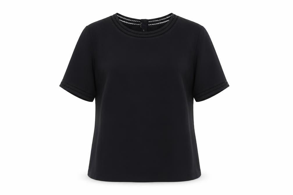 Annie Brooks Womens Black Polyester Basic T-Shirt Size 8 Round Neck