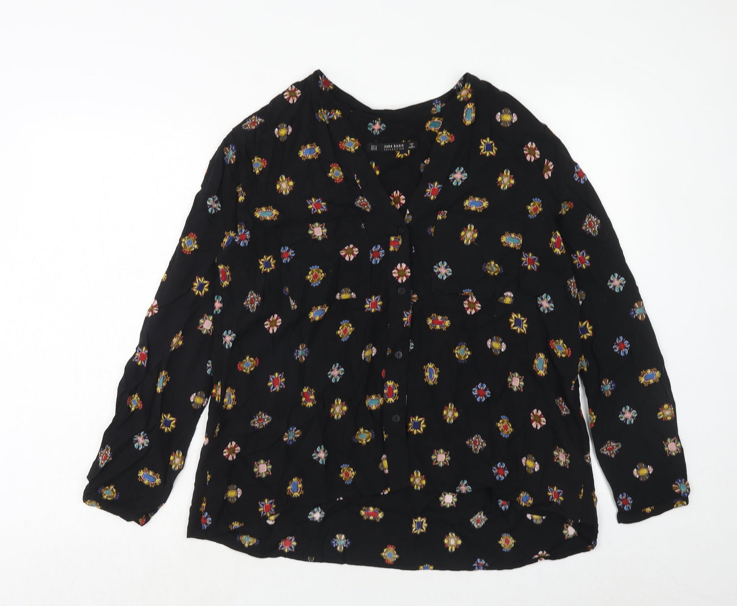 Zara Womens Black Geometric Viscose Basic Button-Up Size M V-Neck