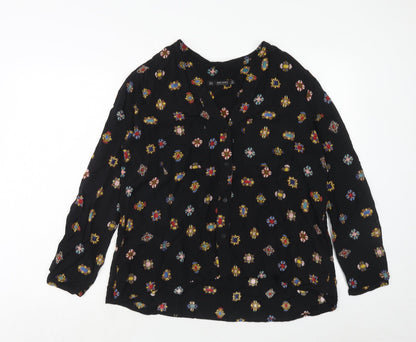 Zara Womens Black Geometric Viscose Basic Button-Up Size M V-Neck