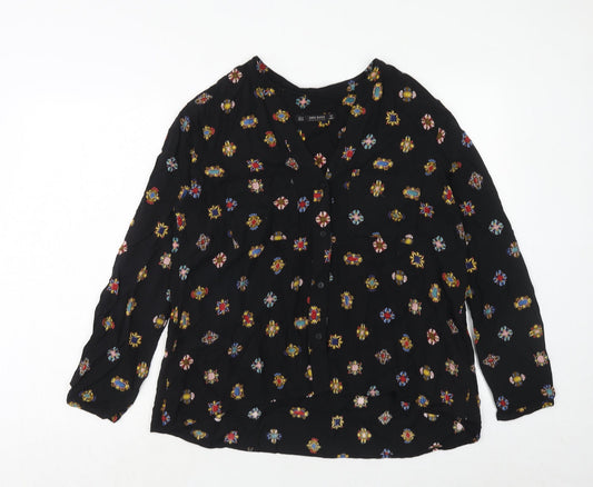 Zara Womens Black Geometric Viscose Basic Button-Up Size M V-Neck