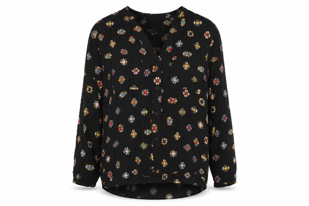 Zara Womens Black Geometric Viscose Basic Button-Up Size M V-Neck