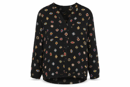 Zara Womens Black Geometric Viscose Basic Button-Up Size M V-Neck