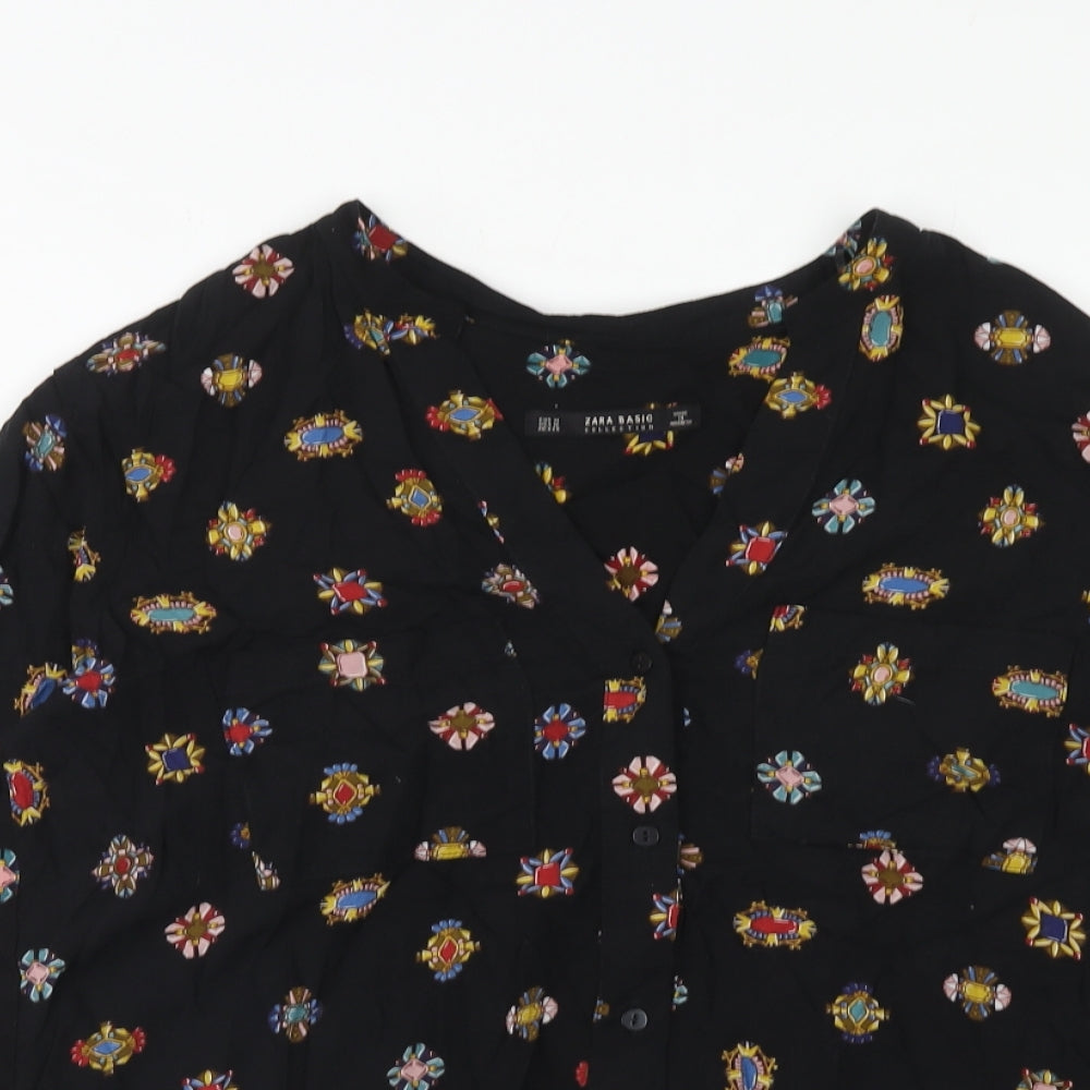 Zara Womens Black Geometric Viscose Basic Button-Up Size M V-Neck