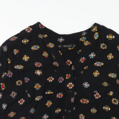 Zara Womens Black Geometric Viscose Basic Button-Up Size M V-Neck
