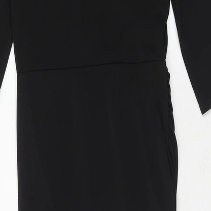 Brand and care label for Missguided women’s black polyester sheath, size UK 10, v-neck pullover
