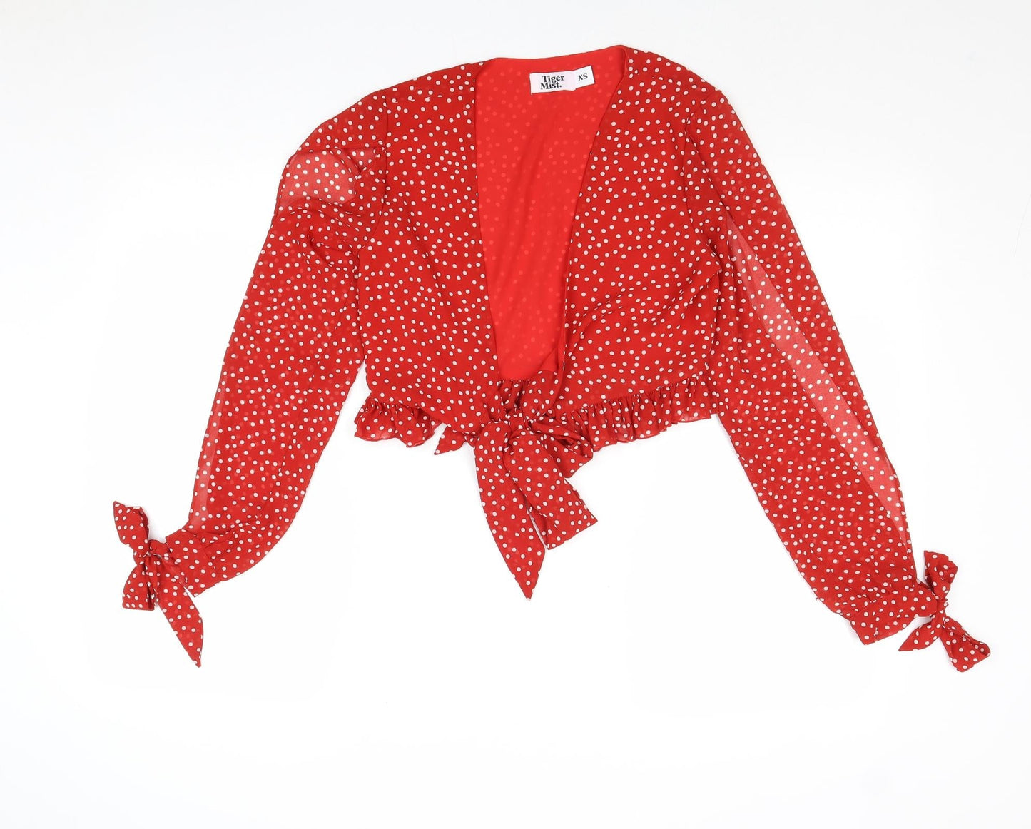 Tiger Mist Womens Red Polka Dot Polyester Basic Blouse Size XS V-Neck - Tie Front