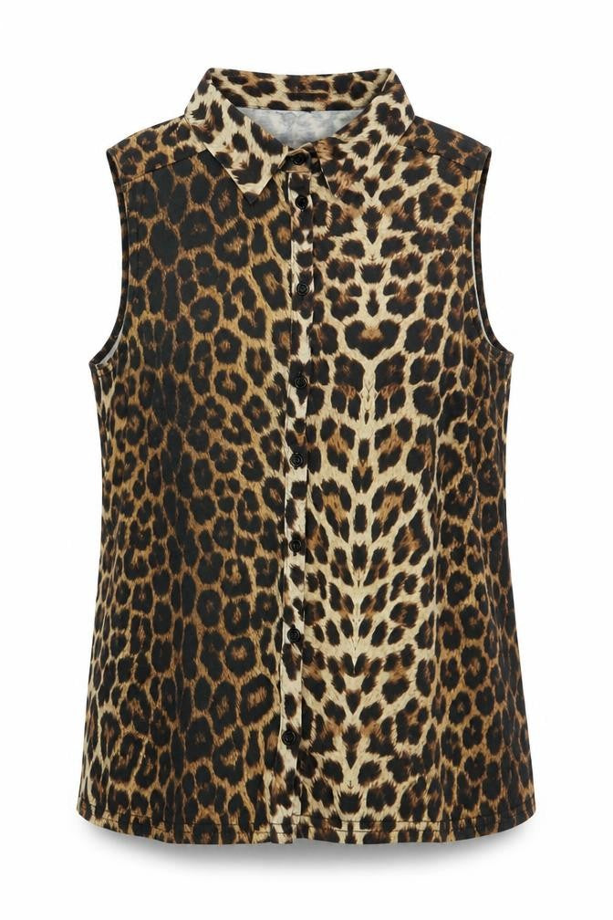 New Look Womens Brown Animal Print Polyester Basic Button-Up Size 12 Collared - Leopard Pattern