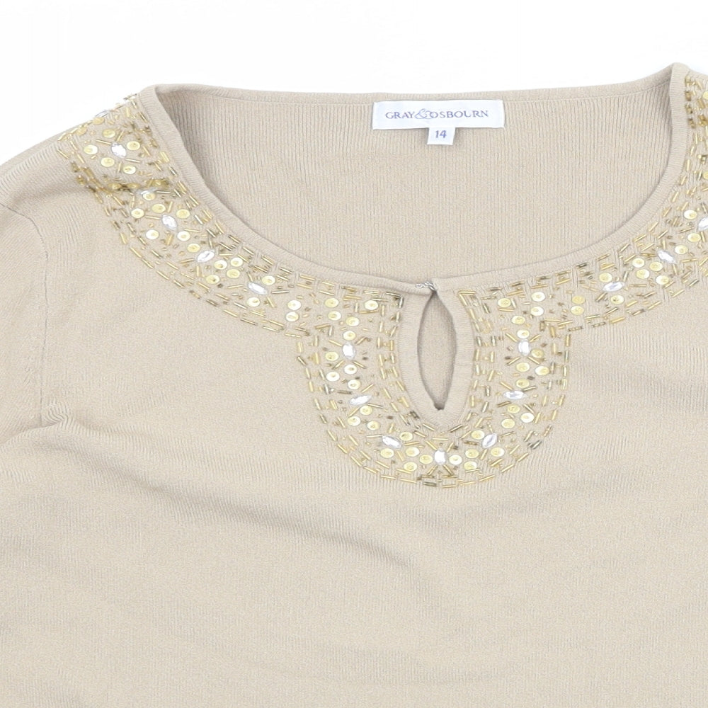 Gray & Osbourn Womens Beige Scoop Neck Viscose Pullover Jumper Size 14