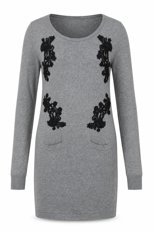 Next Womens Grey Cotton Jumper Dress Size 6 Boat Neck Pullover - Crocheted Lace Detail