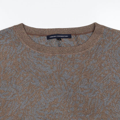 Close-up detail of French Connection women’s brown round neck polyester jumper, size XS