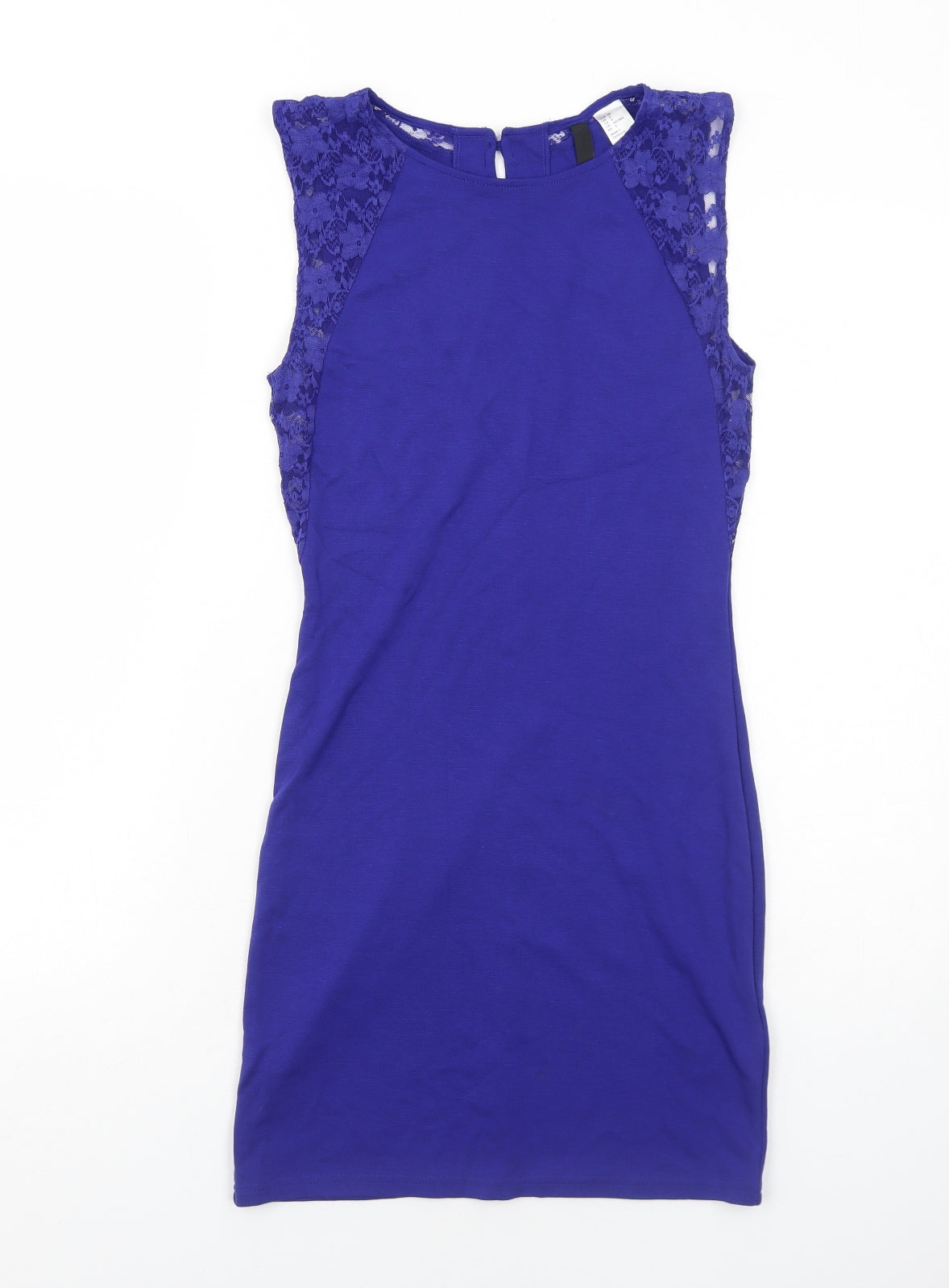 H&M Womens Blue Viscose Bodycon Size 12 Boat Neck Button - Lace Detail