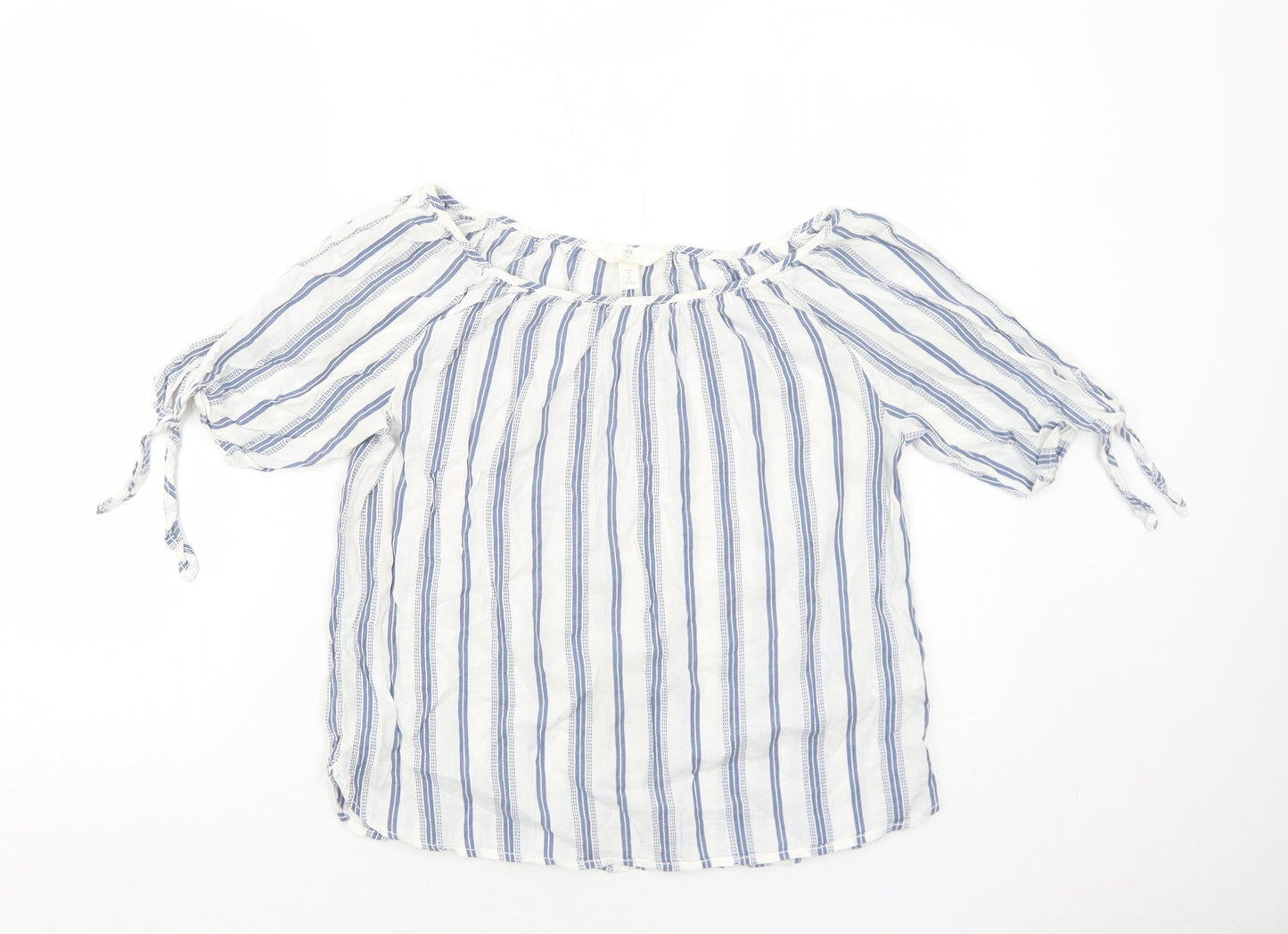 H&M Womens Blue Striped Cotton Basic Blouse Size 6 Round Neck